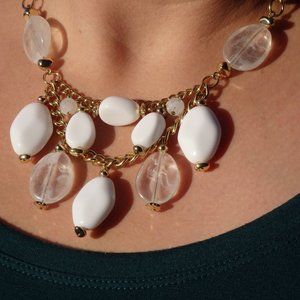 Avon Beaded Bauble Statement White and Gold Necklace